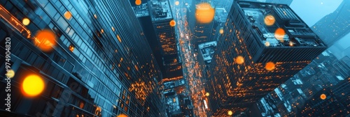 A bird's-eye view of a bustling city at twilight, illuminated by warm streetlights and glowing orbs, symbolizing urban life, technology, energy, progress, and the passage of time.