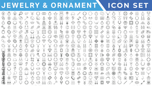 Jewelry line icon set. Included icons as gems, gemstones, jewel, accessories, ring and more.