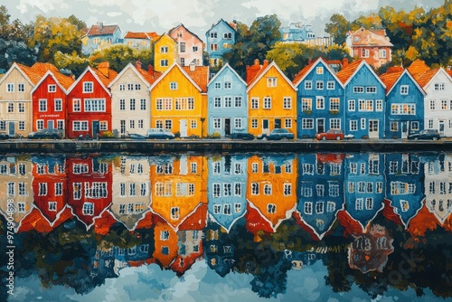 A scenic street lined with colorful Scandinavian-style houses, with their vibrant facades beautifully reflected in a nearby river..