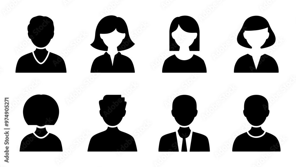 Male and female head silhouettes avatar set. Vector illustration black person portrait head. Anonymous face profile and group icon isolated on white background Male and female head silhouettes avatar set. Vector illustration black person portrait head. Anonymous face profile and group icon isolated on white background