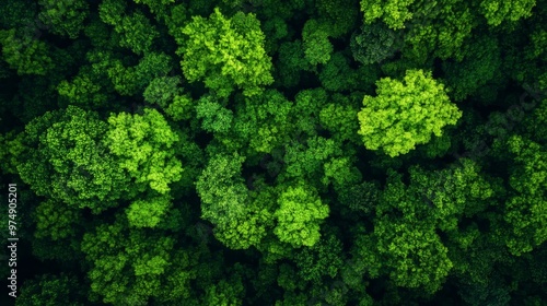 A breathtaking aerial view of a lush forest canopy, showcasing the vibrant green foliage and intricate patterns created by the trees. The image evokes feelings of tranquility, peace, and connection wi