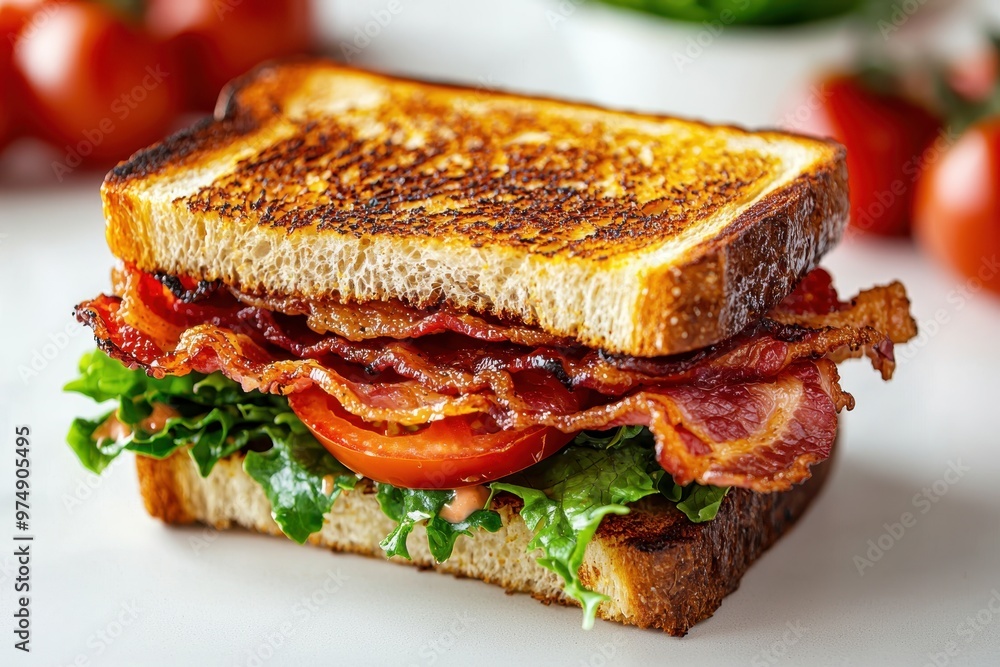 A toasted BLT sandwich on a white surface, featuring layers of crispy bacon, fresh lettuce, and juicy tomatoes, offering a classic and delicious bite.. A toasted BLT sandwich on a white surface, featuring layers of crispy bacon, fresh lettuce, and juicy tomatoes, offering a classic and delicious bite..