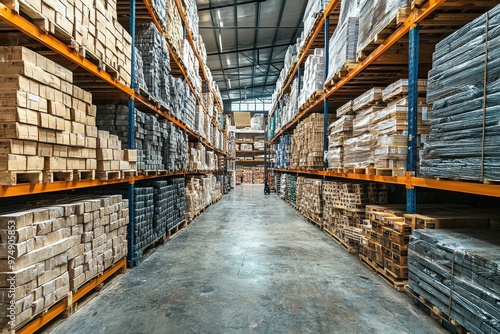 A warehouse filled with various building materials, illustrating logistics and transport concepts in an industrial store setting..