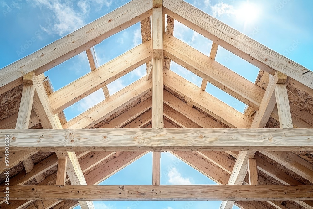 Obraz premium A wooden frame structure of a house in the process of construction, showcasing beams, supports, and the building foundation in a development site..