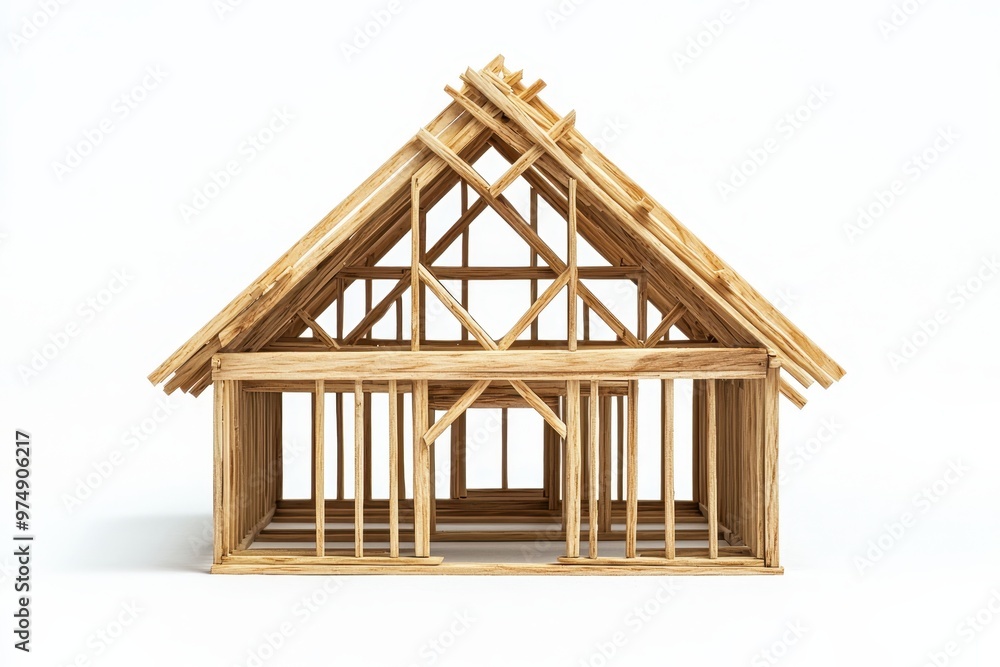 A wooden frame structure of a house in the process of construction, showcasing beams, supports, and the building foundation in a development site.. A wooden frame structure of a house in the process of construction, showcasing beams, supports, and the building foundation in a development site..