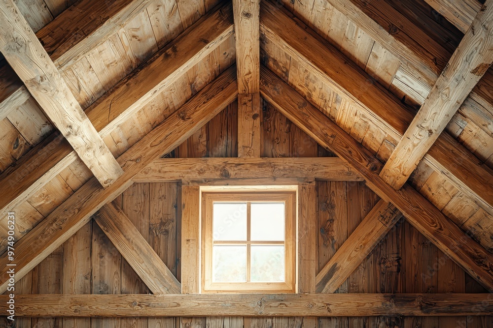 A wooden frame structure of a house in the process of construction, showcasing beams, supports, and the building foundation in a development site.. A wooden frame structure of a house in the process of construction, showcasing beams, supports, and the building foundation in a development site..