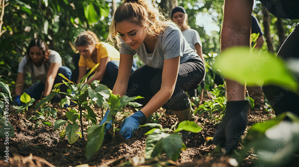 custom made wallpaper toronto digitalVolunteers are actively engaged in planting young trees in lush forest, showcasing teamwork and dedication to environmental conservation. Their efforts reflect strong commitment to sustainability and