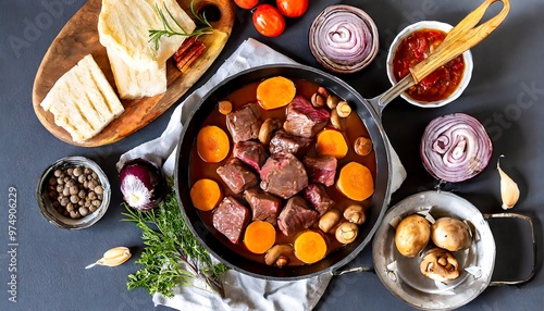 A traditional French beef stew known as Boeuf Bourguignon served in a rustic cast iron skillet, garnished with fresh parsley and including tender pieces of beef and sliced carrots. photo