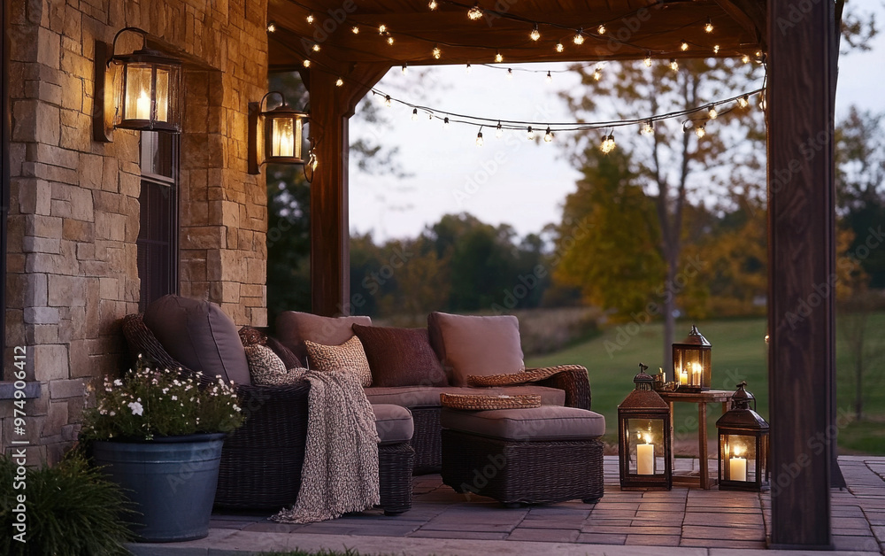 Naklejka premium Cozy outdoor seating area with lanterns and string lights creating a warm ambiance on a tranquil evening