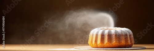 A freshly baked bundt cake dusted with powdered sugar, creating a cloud of sweetness. The cake is a beautiful golden brown and the powdered sugar is like a soft, delicate snowfall. photo