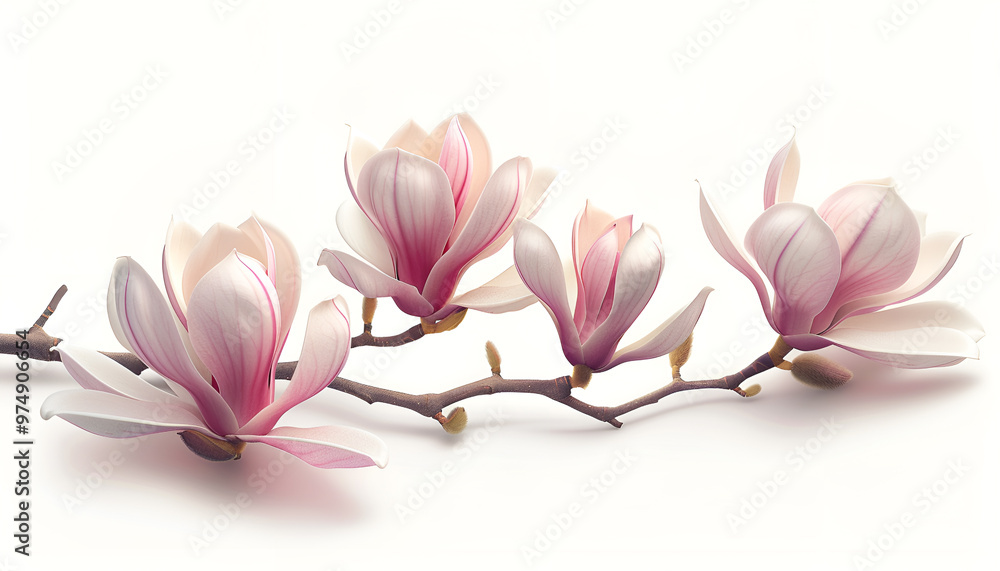 Beautiful pink spring magnolia flowers on a tree branch isolated on white Beautiful pink spring magnolia flowers on a tree branch isolated on white