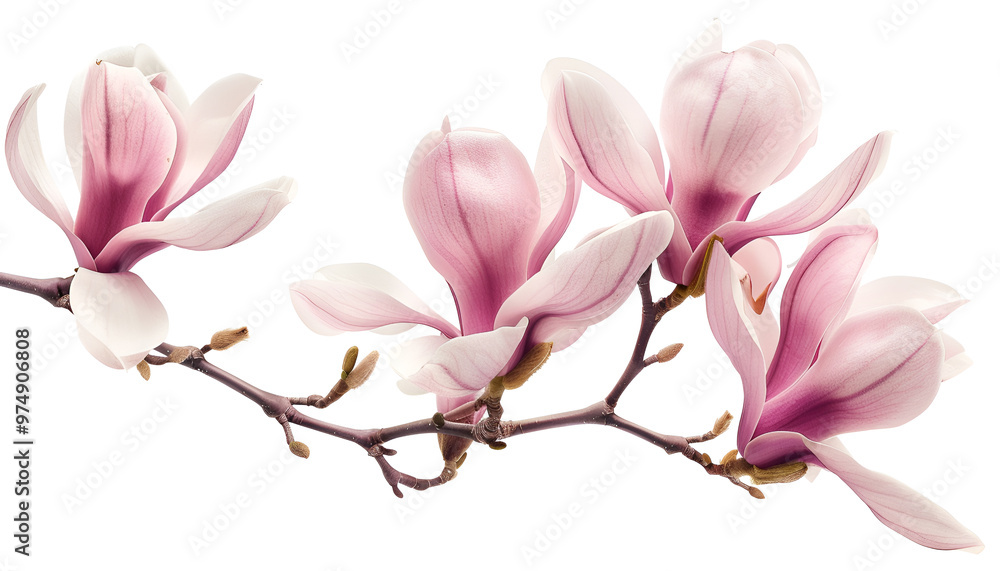 Beautiful pink spring magnolia flowers on a tree branch isolated on white
