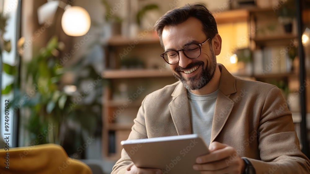 A smiling man in glasses using a tablet device indoors A smiling man in glasses using a tablet device indoors