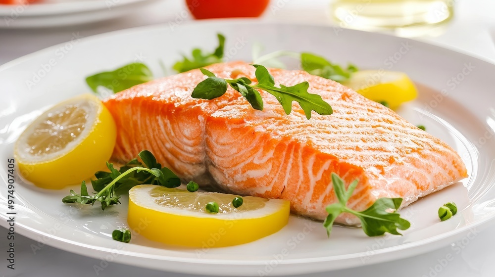 A perfectly cooked salmon fillet, garnished with fresh lemon wedges and green herbs, ready to be enjoyed. A perfectly cooked salmon fillet, garnished with fresh lemon wedges and green herbs, ready to be enjoyed.
