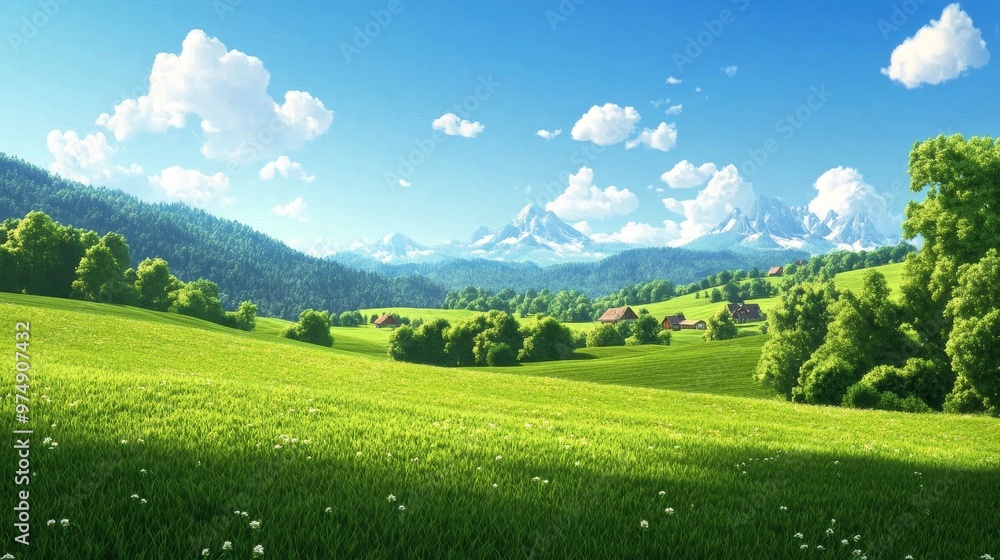 A picturesque cartoon village nestled in a lush green valley, surrounded by majestic mountains and a clear blue sky with fluffy clouds. This idyllic scene evokes a sense of tranquility, nature, and si A picturesque cartoon village nestled in a lush green valley, surrounded by majestic mountains and a clear blue sky with fluffy clouds. This idyllic scene evokes a sense of tranquility, nature, and si