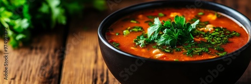 A steaming bowl of rich, aromatic tomato soup garnished with fresh parsley, perfect for a cozy meal. The vibrant red soup and fresh herbs symbolize warmth, comfort, and a touch of nature. photo