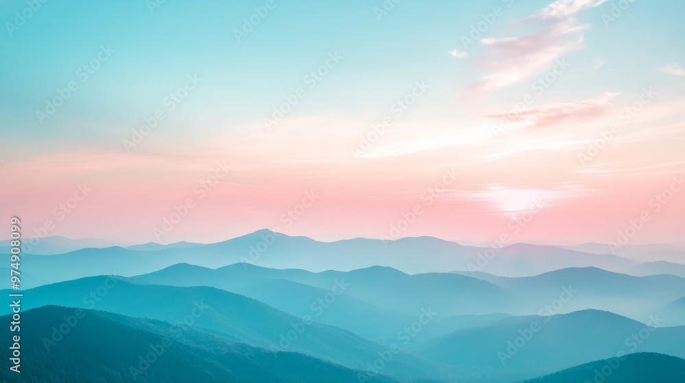 Fototapeta premium Serene mountain landscape at sunrise, tranquil nature concept