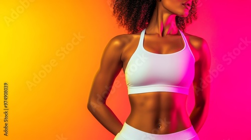 A strong and confident woman in a white sports bra and shorts, showcasing her toned physique and fitness goals. Her athletic body, vibrant colors, and powerful pose symbolize strength, health, and det