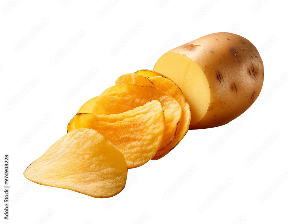 Potato slices turning into chips ,Potato chips isolated on white background Potato slices turning into chips ,Potato chips isolated on white background