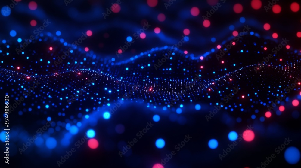 Abstract data flow visualization with glowing red and blue LED lights on a 3D dotted surface, representing digital connectivity, network flow, and technological innovation. Abstract data flow visualization with glowing red and blue LED lights on a 3D dotted surface, representing digital connectivity, network flow, and technological innovation.