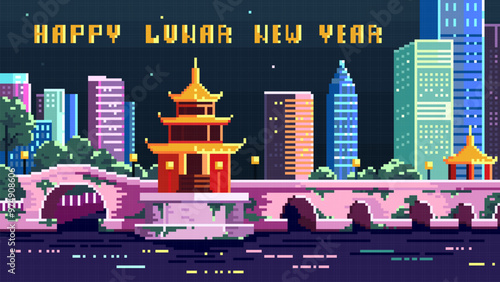 Happy Lunar New Year Pixel Art Retro Cyberpunk Chinatown Cityscape with Pagoda and Skyscrapers in 8 bit Game Style 
