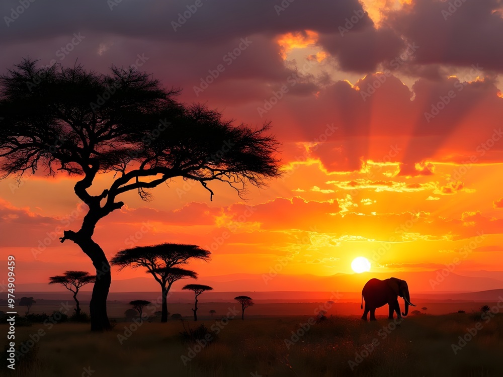 Majestic elephant walking through African savanna at sunset with dramatic clouds and silhouettes of acacia trees. Generative AI Majestic elephant walking through African savanna at sunset with dramatic clouds and silhouettes of acacia trees. Generative AI
