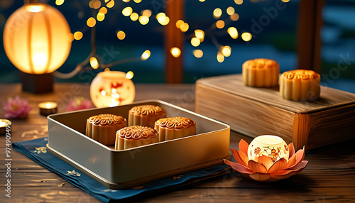 Mid-Autumn celebration at night, mooncakes and lotus seeds in food box, beautiful lanterns on ceramic table. photo