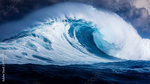 powerful ocean wave crashes against the rocky shore, capturing nature's raw strength and energy. The dramatic movement symbolizes resilience, change, and the unstoppable force of nature