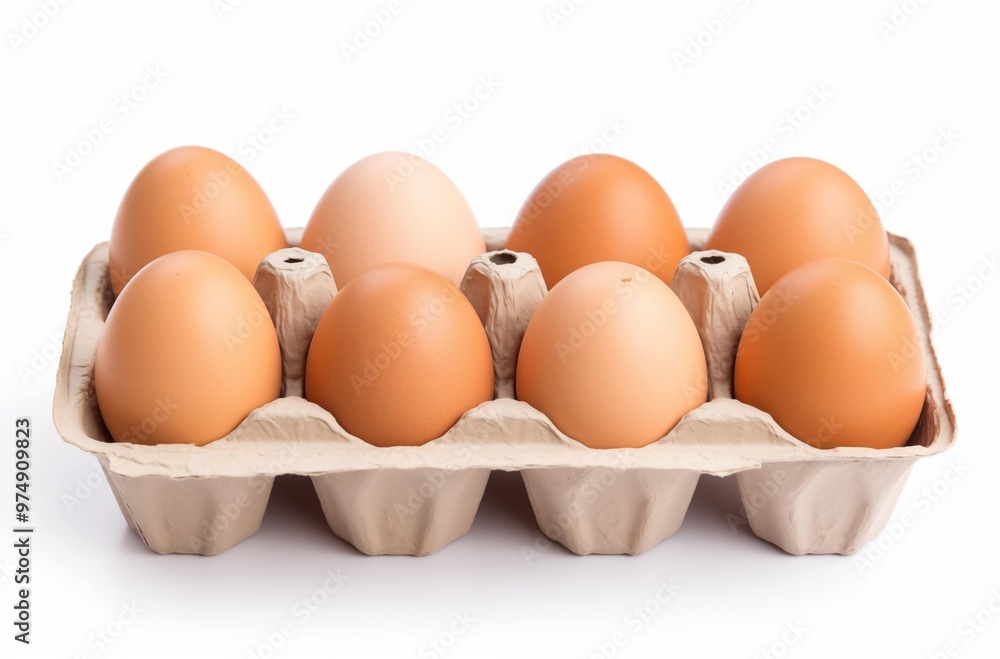 A carton containing several eggs placed on a clean white background, showcasing their natural colors and textures. A carton containing several eggs placed on a clean white background, showcasing their natural colors and textures.