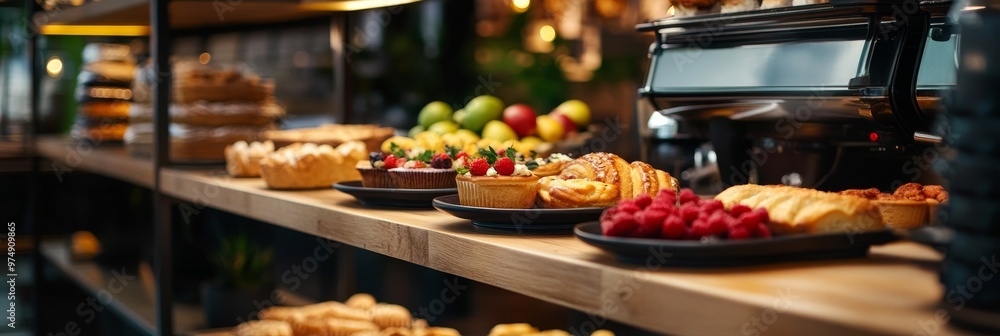 Gourmet Bakery Display with Delicious Treats - Freshly baked pastries, cakes, and tarts are displayed on wooden shelves, enticing customers with their irresistible aromas and tempting flavors. Gourmet Bakery Display with Delicious Treats - Freshly baked pastries, cakes, and tarts are displayed on wooden shelves, enticing customers with their irresistible aromas and tempting flavors.