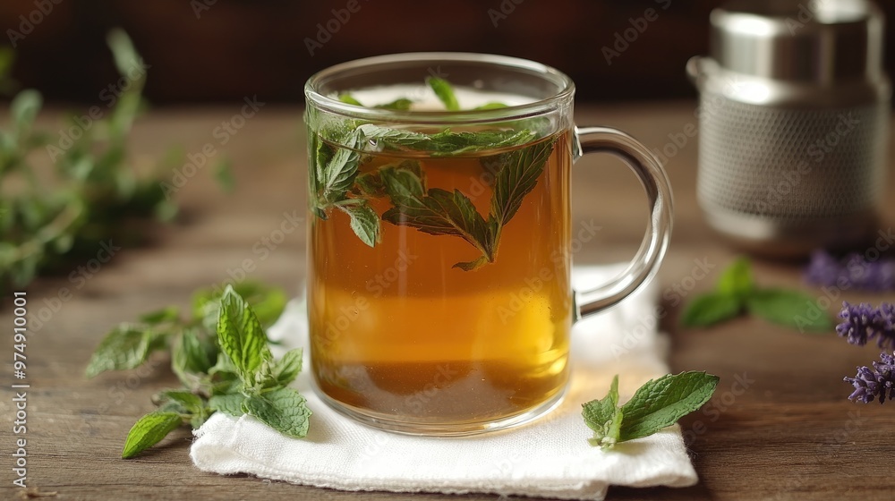 Steaming cup of freshly brewed mint tea on rustic wooden table Steaming cup of freshly brewed mint tea on rustic wooden table