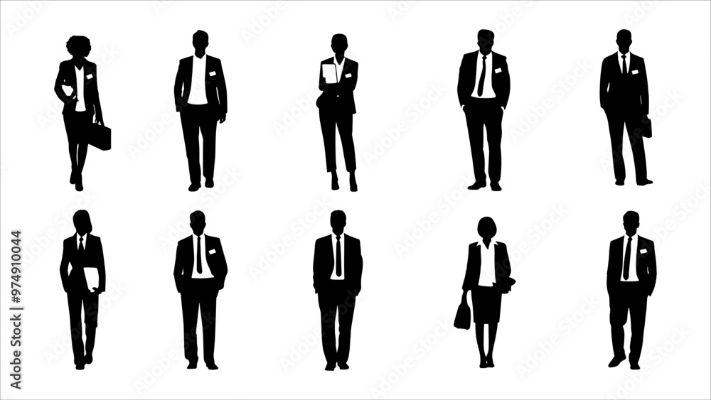 Vector style Silhouettes of diverse casual business people standing, walking, men, women full length. Business concept. Black monochrome Vector illustrations isolated on white background Vector style Silhouettes of diverse casual business people standing, walking, men, women full length. Business concept. Black monochrome Vector illustrations isolated on white background