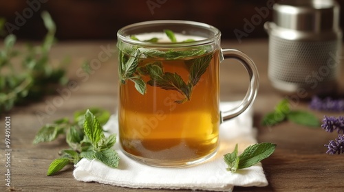 Steaming cup of freshly brewed mint tea on rustic wooden table