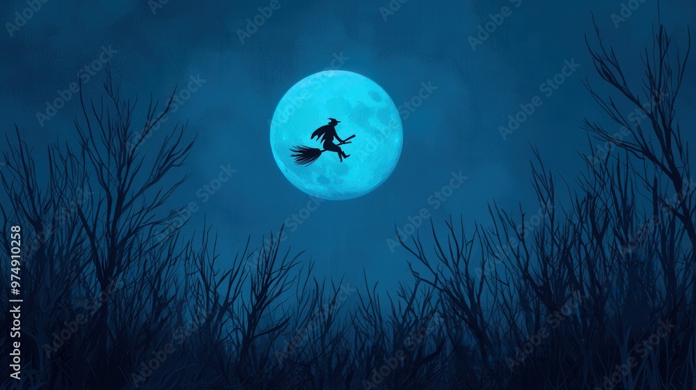 Witch on a broomstick flying over a spooky forest, full moon, 3D illustration Witch on a broomstick flying over a spooky forest, full moon, 3D illustration