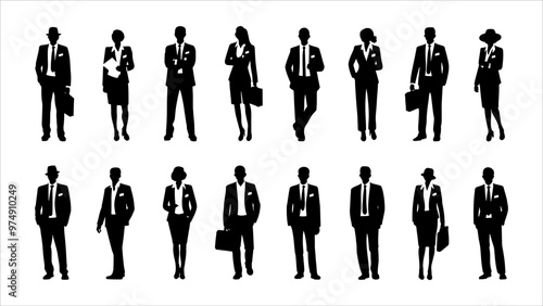 Vector style Silhouettes of diverse casual business people standing, walking, men, women full length. Business concept. Black monochrome Vector illustrations isolated on white background