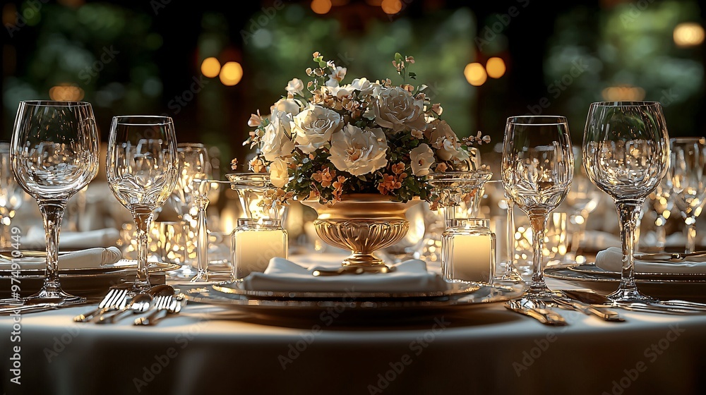 A perfectly set dinner table with a formal tablecloth and decorations, elegant tableware A perfectly set dinner table with a formal tablecloth and decorations, elegant tableware