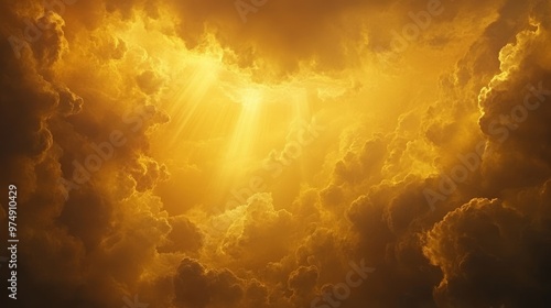 Yellow light rays piercing through dense clouds, dramatic sky, photo