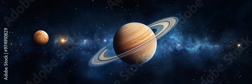 Watercolor painting of planets in space, featuring a vibrant Saturn with its iconic rings, along with other celestial bodies.  Symbolizing the vastness of space, beauty of the cosmos, wonder of explor photo