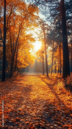 Golden foliage covering the ground in a forest in autumn