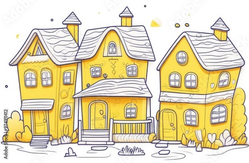 Yellow houses, eco settlement, city. A flat cartoon illustration.
