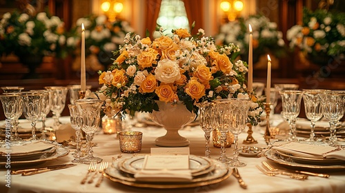 A perfectly set dinner table with a formal tablecloth and decorations, elegant tableware