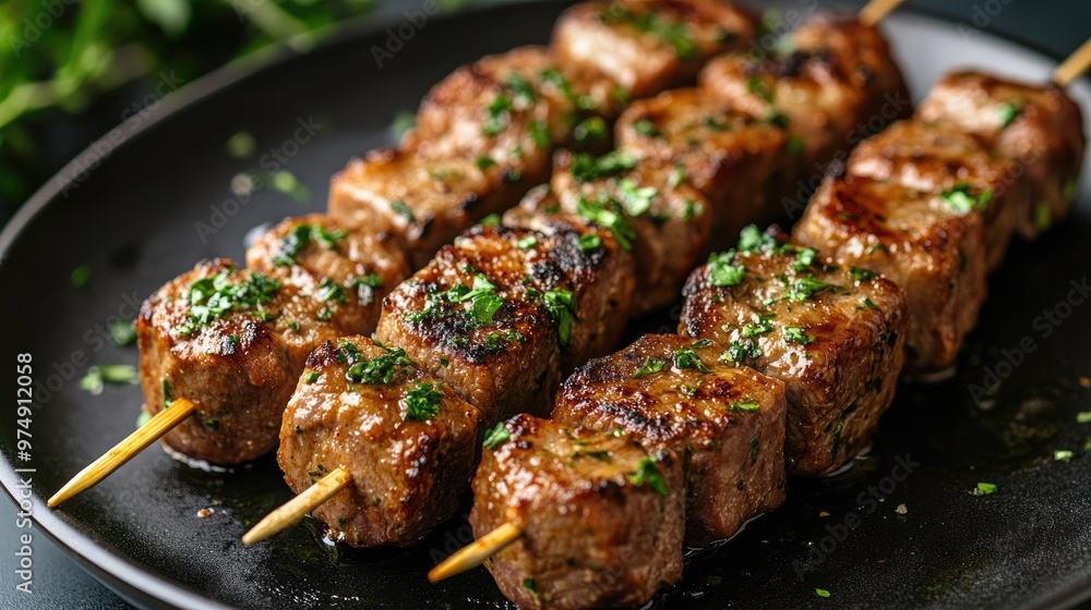 Juicy beef kebabs with herbs served on black plate Juicy beef kebabs with herbs served on black plate