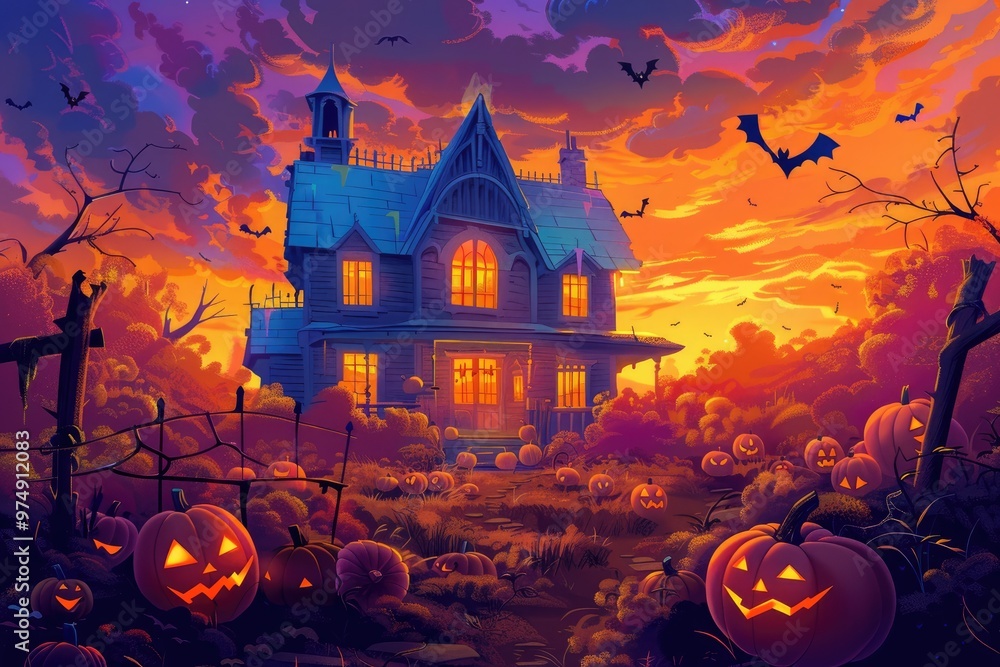 Eerie Halloween Scene with Haunted House and Pumpkins.. Eerie Halloween Scene with Haunted House and Pumpkins..
