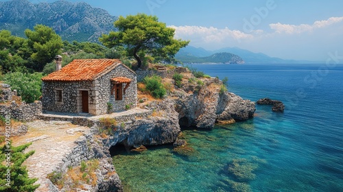 Small stone house standing on a cliff overlooking the sea