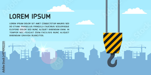 Construction site banner with tower crane hook. Blue background with building silhouettes and urban skyline. Vector illustration