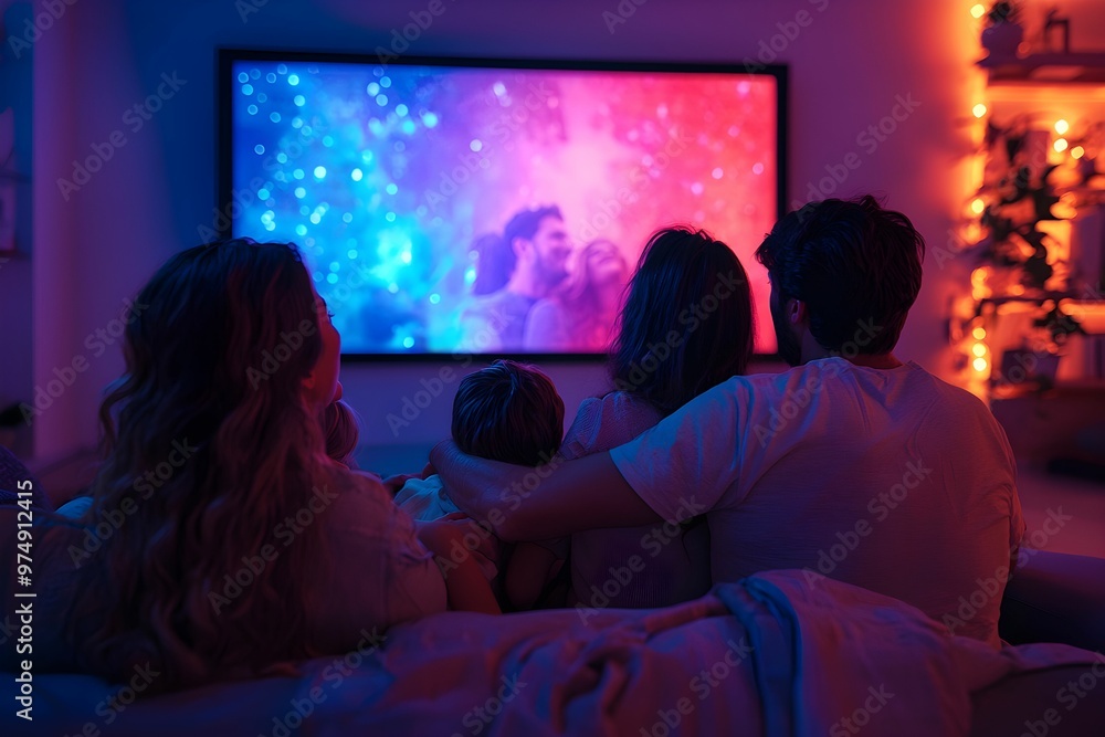 Family enjoys a movie night together in a cozy living room Family enjoys a movie night together in a cozy living room