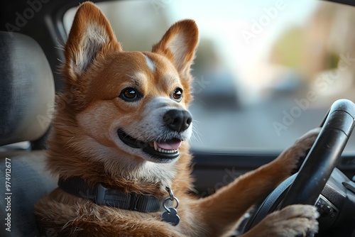 Dog happily driving a car on a sunny day in the city photo