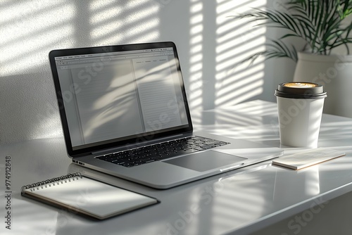 A workspace with a laptop, notebook, and coffee in soft morning light