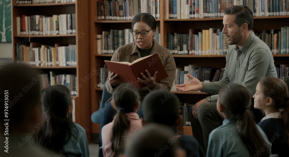 Woman reading to a group of children in a library Woman reading to a group of children in a library
