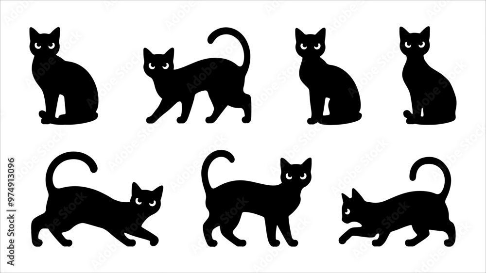 Black silhouette cats in different poses. Vector illustration isolated on white background Black silhouette cats in different poses. Vector illustration isolated on white background